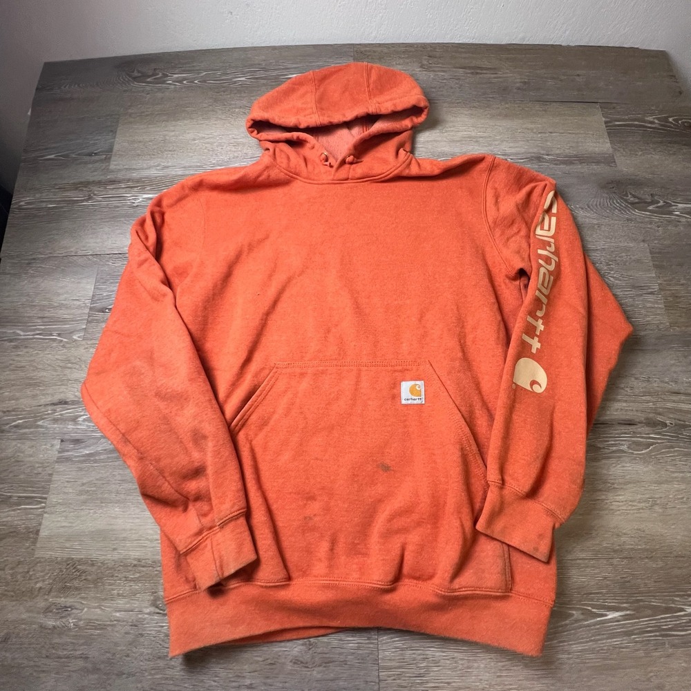 Carhartt Hoodie Mens Medium Orange Loose Fit Graphic Sleeve K288 Pullover